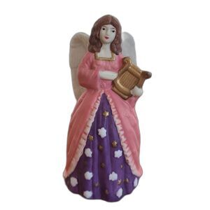 Vintage Hand Painted Bell Bisque Musical Angel Figurine With Pink Gown And Harp